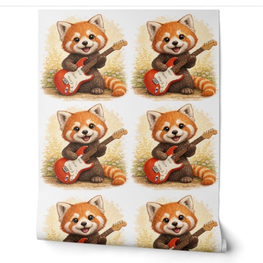 Cute Red Panda Guitar Pattern Wallpaper Kids Behang (Afrollen)