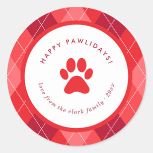 Cute Red Paw Print Happy Pawlidays kerstdagen Ronde Sticker