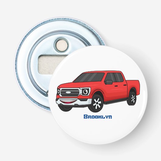 Cute red pickup truck cartoon afbeelding button flesopener (Voorkant)