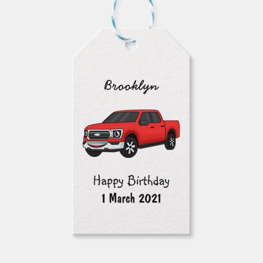 Cute red pickup truck cartoon afbeelding cadeaulabel (Voorkant)