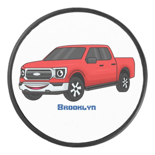 Cute red pickup truck cartoon afbeelding hockey puck (Voorkant)