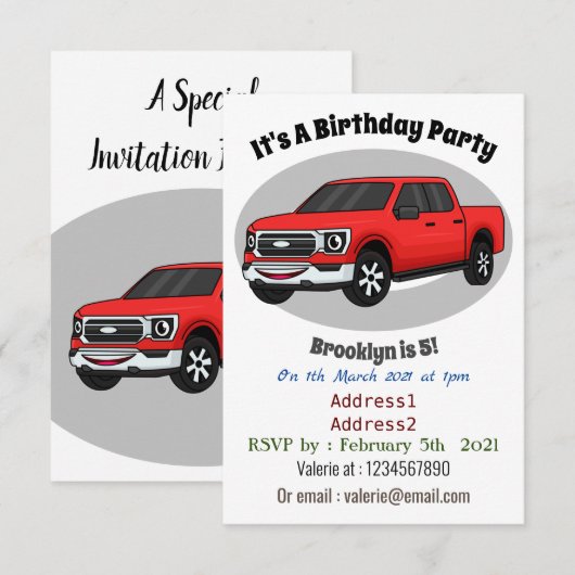 Cute red pickup truck cartoon afbeelding kaart (Voorkant / Achterkant)