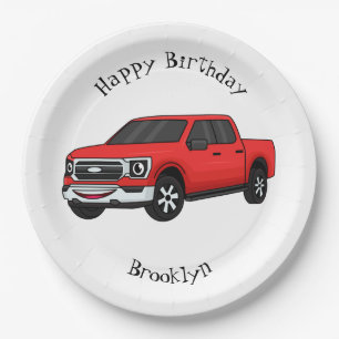 Cute red pickup truck cartoon afbeelding papieren bordje