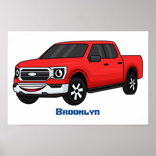 Cute red pickup truck cartoon afbeelding poster (Voorkant)