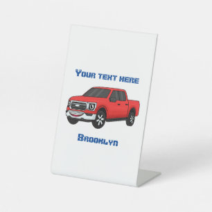 Cute red pickup truck cartoon afbeelding reclamebord met voetstuk