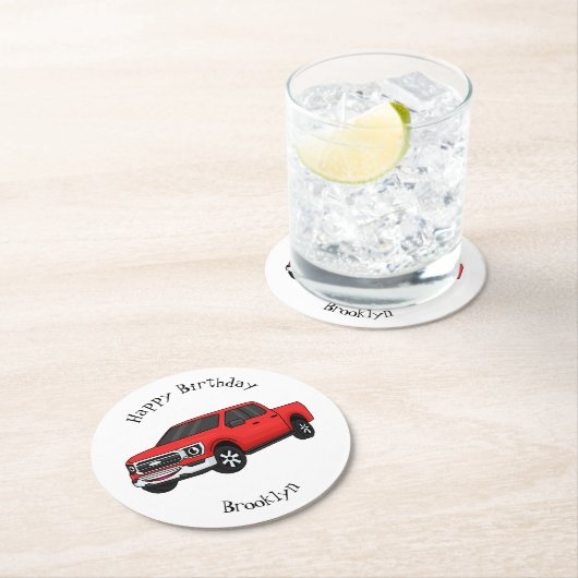 Cute red pickup truck cartoon afbeelding ronde kartonnen onderzetter (Insitu)