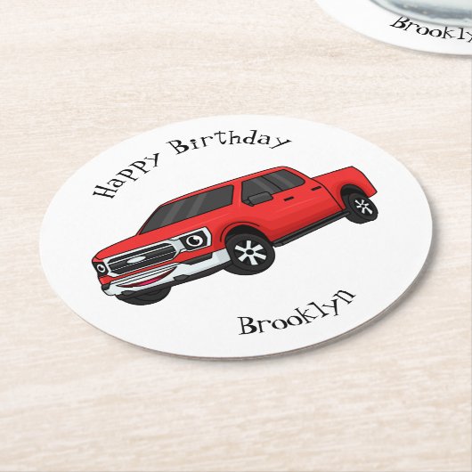 Cute red pickup truck cartoon afbeelding ronde kartonnen onderzetter (Gebogen)