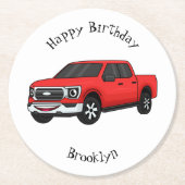 Cute red pickup truck cartoon afbeelding ronde kartonnen onderzetter (Voorkant)