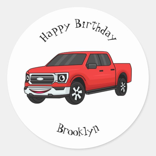 Cute red pickup truck cartoon afbeelding ronde sticker (Voorkant)