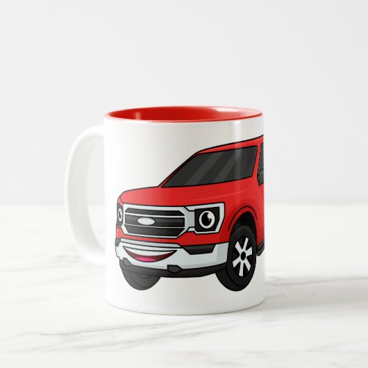 Cute red pickup truck cartoon afbeelding tweekleurige koffiemok (Voorkant links)
