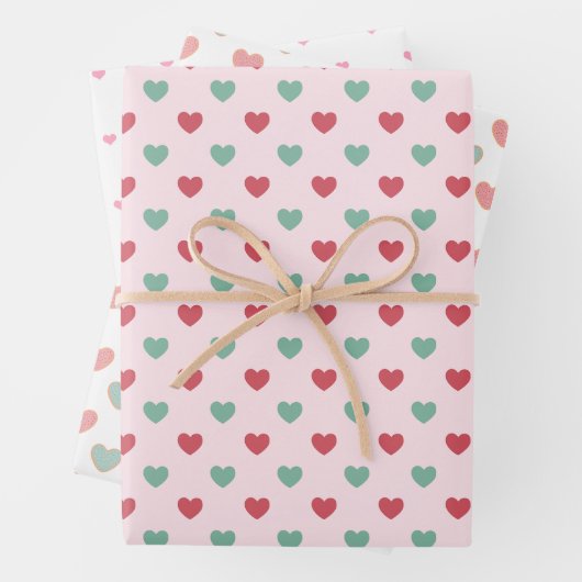 Cute Red Pink & Green Hearts Inpakpapier Vel (In situ)