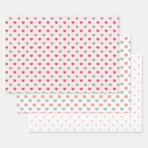 Cute Red Pink & Green Hearts Inpakpapier Vel
