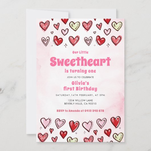 Cute Red Pink Hearths Valentine 1st Birthday  Kaart (Voorkant)