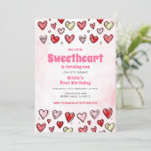 Cute Red Pink Hearths Valentine 1st Birthday  Kaart (Staand voorkant)