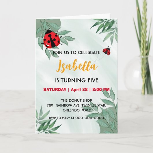 Cute red Polka dot Ladybug leaf jungle Birthday (Voorkant)