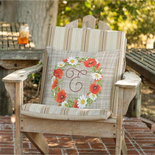 Cute Red Poppy White Yellow Daisy Flowers Wreate Buitenkussen (Stoel)