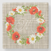 Cute Red Poppy White Yellow Daisy Flowers Wreate Stenen Onderzetter (Voorkant)