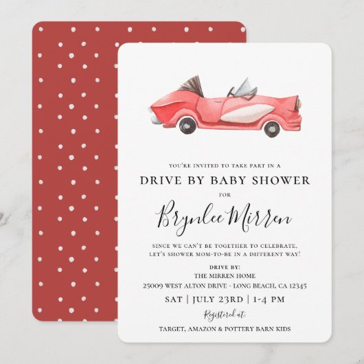 Cute  Red Racecar Drive by Baby shower Kaart (Voorkant / Achterkant)