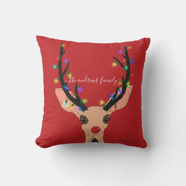 Cute Red Reindeer Deer Glow met kerstverlichting Buitenkussen (Voorkant)