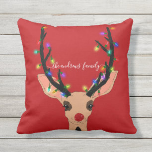 Cute Red Reindeer Deer Glow met kerstverlichting Buitenkussen