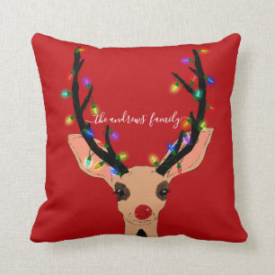 Cute Red Reindeer Deer Glow met kerstverlichting Kussen