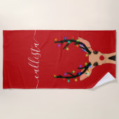 Cute Red Reindeer Deer Glow met kerstverlichting Strandlaken (Voorkant)