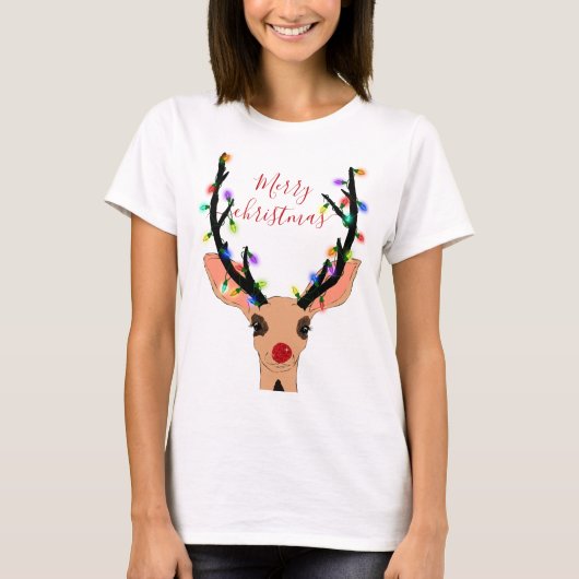 Cute Red Reindeer Deer Glow met kerstverlichting T-shirt (Voorkant)
