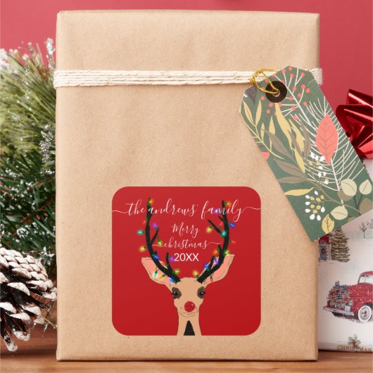 Cute Red Reindeer Deer Glow met kerstverlichting Vierkante Sticker (Feestdagen)