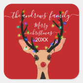 Cute Red Reindeer Deer Glow met kerstverlichting Vierkante Sticker (Voorkant)