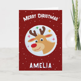 Cute Red Reindeer Kid`s Name Merry Christmas Kaart