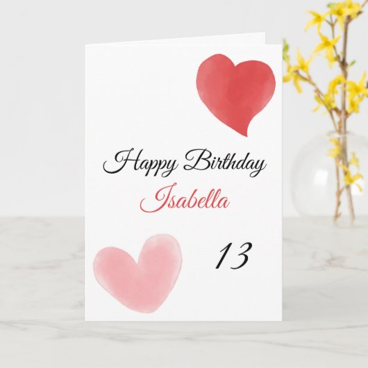 Cute Red & Roze Double Paint Hearts 13th Birthday Kaart (Gele Bloem)