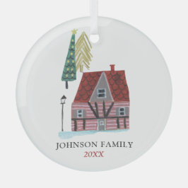 Cute red roze kerstmis cozy chalet glas ornament