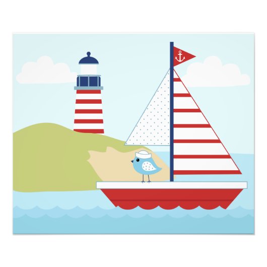 Cute Red Sail Boat en vuurtoren Foto Afdruk (Voorkant)