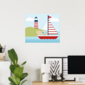 Cute Red Sail Boat en vuurtoren Poster (Thuiskantoor)