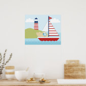 Cute Red Sail Boat en vuurtoren Poster (Keuken)