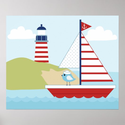 Cute Red Sail Boat en vuurtoren Poster (Voorkant)