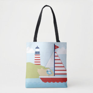 Cute Red Sail Boat en vuurtoren Tote Bag