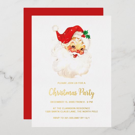Cute Red  Santa Claus Gold Folie Uitnodiging (Voorkant / Achterkant)