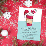Cute Red Santa Hat Candy Cane kerst Kaart<br><div class="desc">Deze leuke en artsy kerstfeestelijke uitnodiging is de perfecte manier om de feestelijke geest te verspreiden. Het is voorzien van een handgetekende en handbeschilderde rode, groene, witte en zwarte koffiebeker met een decoratief papieren sleeve, een pet van de Kerstman en een snoepstok met een boegtekening bovenop een eenvoudige blauwgroen en...</div>
