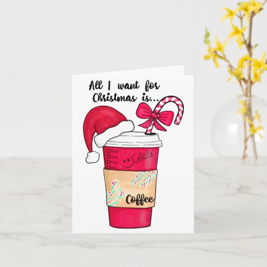 Cute Red Santa Hat Coffee Candy Cane Christmas  Kaart (Gele Bloem)