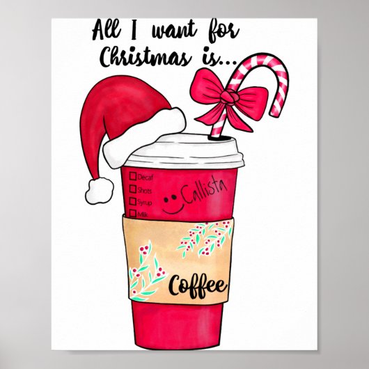 Cute Red Santa Hat Coffee Candy Cane Christmas  Poster (Voorkant)