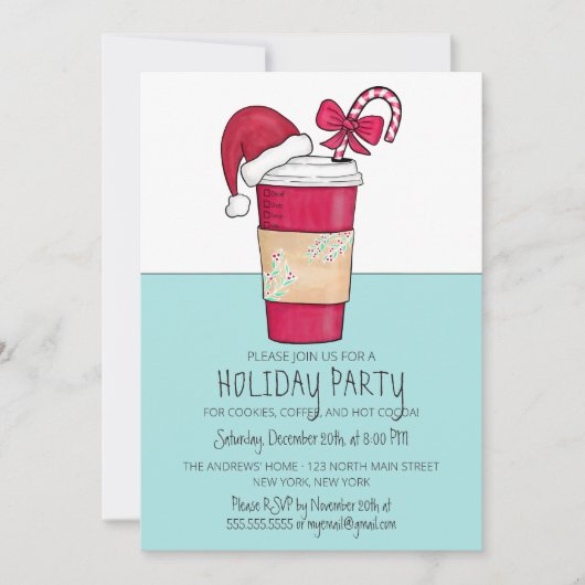 Cute Red Santa Hat Coffee Candy Cane Holiday Kaart (Voorkant)