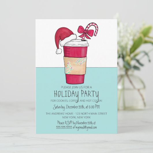 Cute Red Santa Hat Coffee Candy Cane Holiday Kaart (Staand voorkant)
