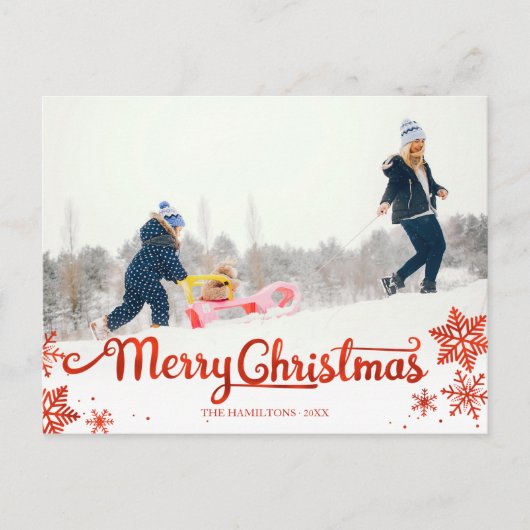 Cute Red Script Photo Snowflake met kerstmis Briefkaart (Voorkant)