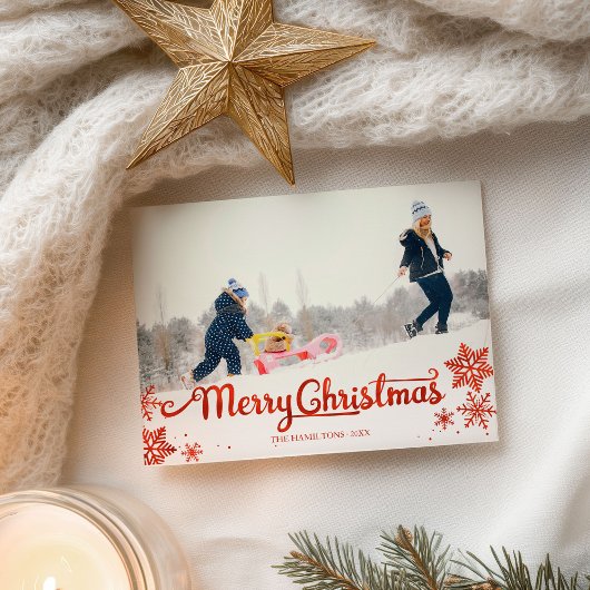 Cute Red Script Photo Snowflake met kerstmis Briefkaart