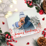 Cute Red Script Photo Winter Foliage Kerstmis Briefkaart<br><div class="desc">Eenvoudige leuke foto-kerstkaart met een rode kalligrafie,  geweldig voor donkere afbeeldingen.</div>