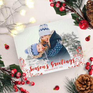 Cute Red Script Photo Winter Foliage Kerstmis Briefkaart