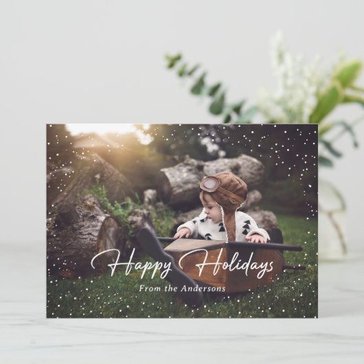 Cute Red Snow Stars Photo Holiday Card Feestdagenkaart (Staand voorkant)