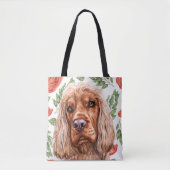 Cute Red Spaniel met Roos Flower Pattern Tote Bag (Voorkant)