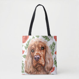 Cute Red Spaniel met Roos Flower Pattern Tote Bag